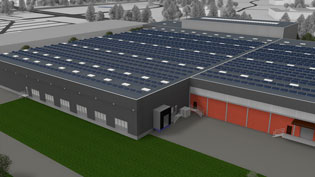 3D Visualisierung Firmengebäude - Produktionshallen mit Solardach