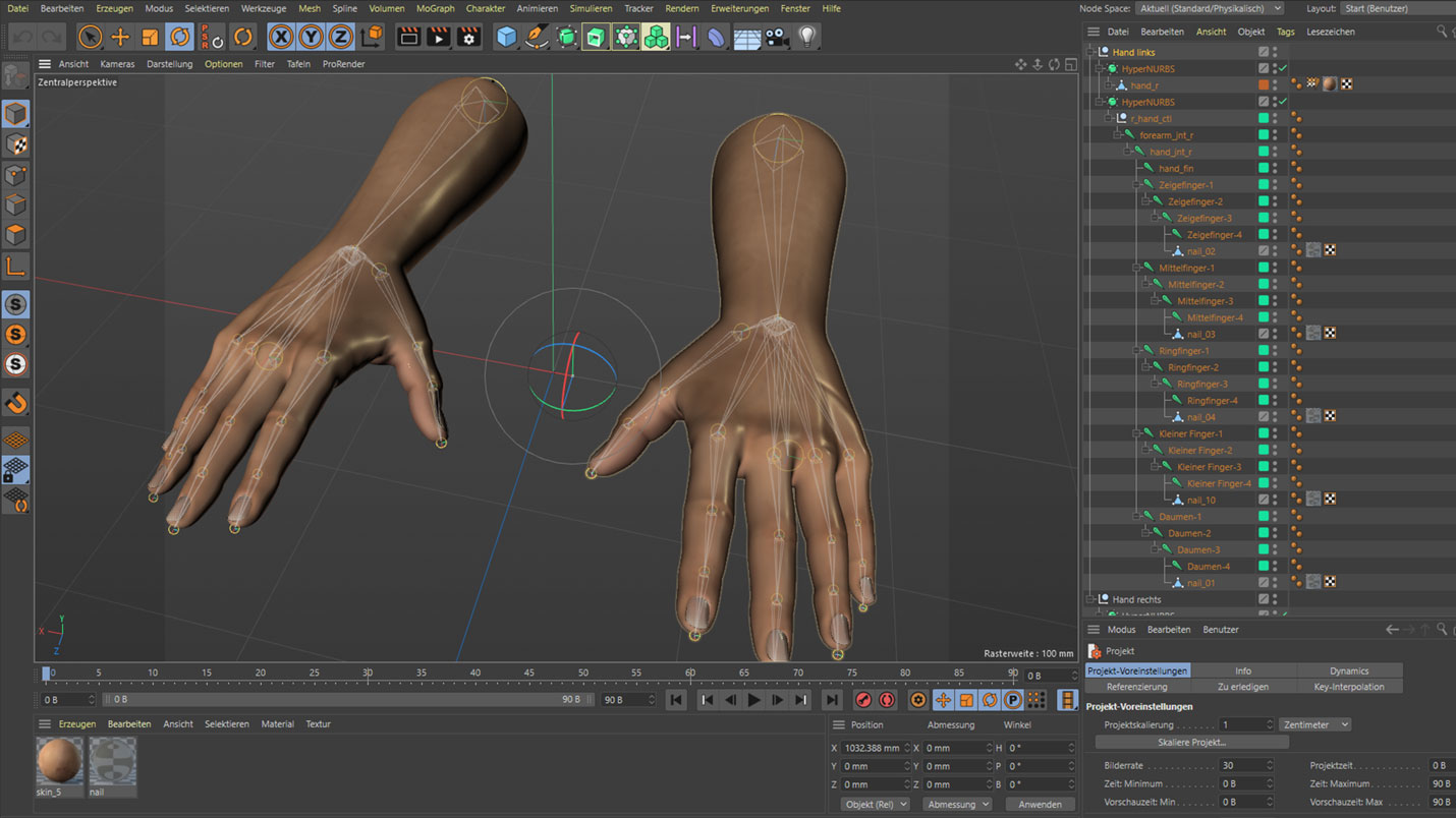 Rigged 3D-Modell einer Hand